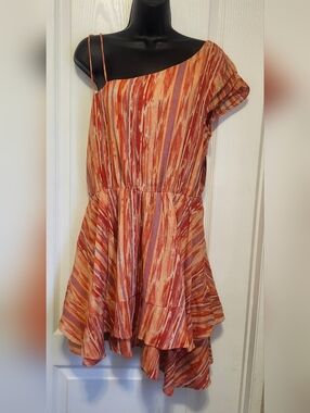 Free People Orange & Rust Striped One-Shoulder Mini Dress Size Medium NWT